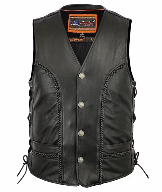 Leather Motorcycle Vest - Men's - Gun Pockets - Braided - Up To 6XL - DS131-DS - Image 5