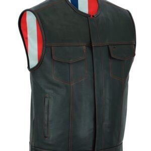 Leather Motorcycle Vest - Men's - USA Flag Liner - Gun Pockets - Up To 8XL - DS155-DS
