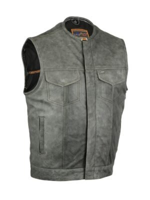 Leather Motorcycle Vest - Men's - Gray - Gun Pockets - Up To 12XL - Vintage - RC191V-RC