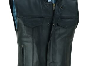 Leather Motorcycle Vest - Men's - Men's Leather Motorcycle Vest with American Flag and Skull Lining - Up To 8XL - DS193-DS