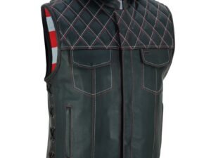 Leather Motorcycle Vest - Men's - Road Edge - USA Flag Liner - Hoodie - Up To 8XL - Highway Bound - RC194-RC