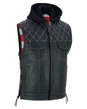 Leather Motorcycle Vest - Men's - Road Edge - USA Flag Liner - Hoodie - Up To 8XL - Highway Bound - RC194-RC
