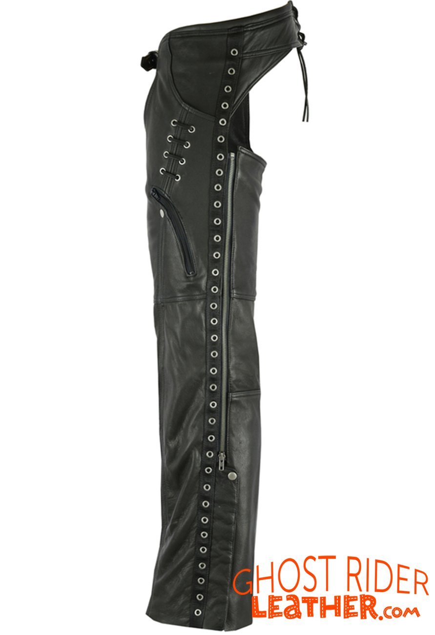 Leather Chaps - Women's - Black - Hip Set - Stretchy Thighs - DS-485-DS - Image 3