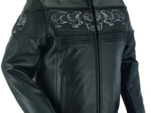 Leather Motorcycle Jacket - Men's - Biker - Up To 6XL - Reflective Skulls - DS700-DS