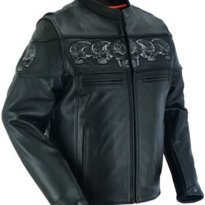 Leather Motorcycle Jacket - Men's - Biker - Up To 6XL - Reflective Skulls - DS700-DS