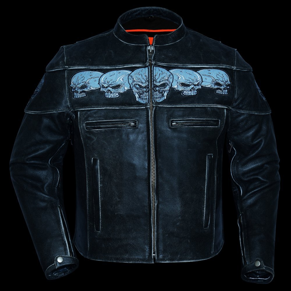 Leather Motorcycle Jacket - Men's - Reflective Skulls - Racer - DS723-DS - Image 11