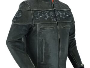 Leather Motorcycle Jacket - Men's - Reflective Skulls - Racer - DS723-DS