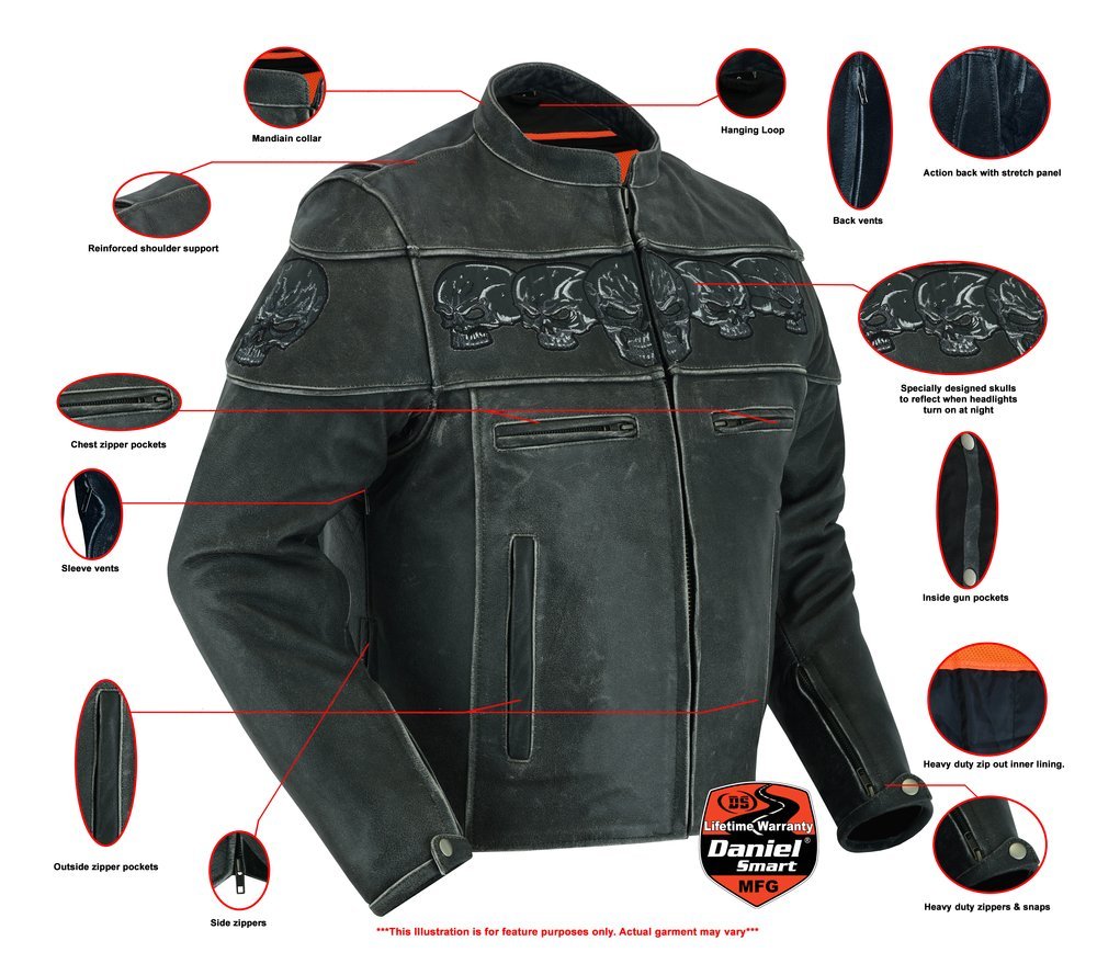 Leather Motorcycle Jacket - Men's - Reflective Skulls - Racer - DS723-DS - Image 2