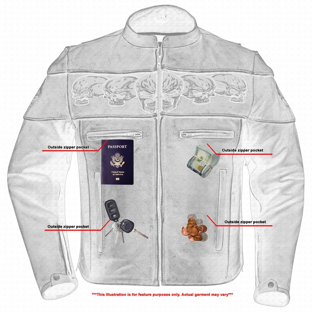 Leather Motorcycle Jacket - Men's - Reflective Skulls - Racer - DS723-DS - Image 4