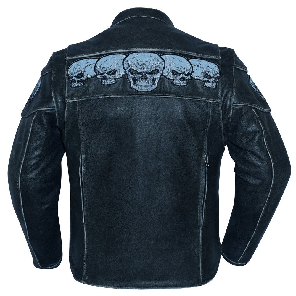 Leather Motorcycle Jacket - Men's - Reflective Skulls - Racer - DS723-DS - Image 8