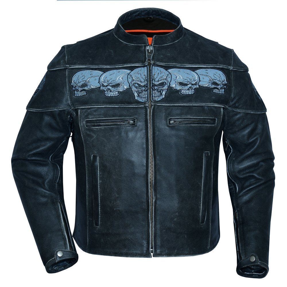 Leather Motorcycle Jacket - Men's - Reflective Skulls - Racer - DS723-DS - Image 10