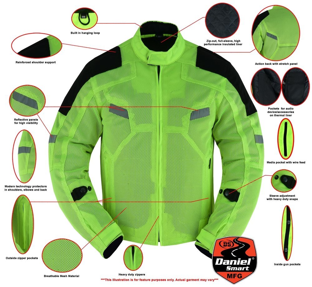 Mesh Motorcycle Jacket - Men's - High Visibility Green - Up To 5XL - DS765-DS - Image 2