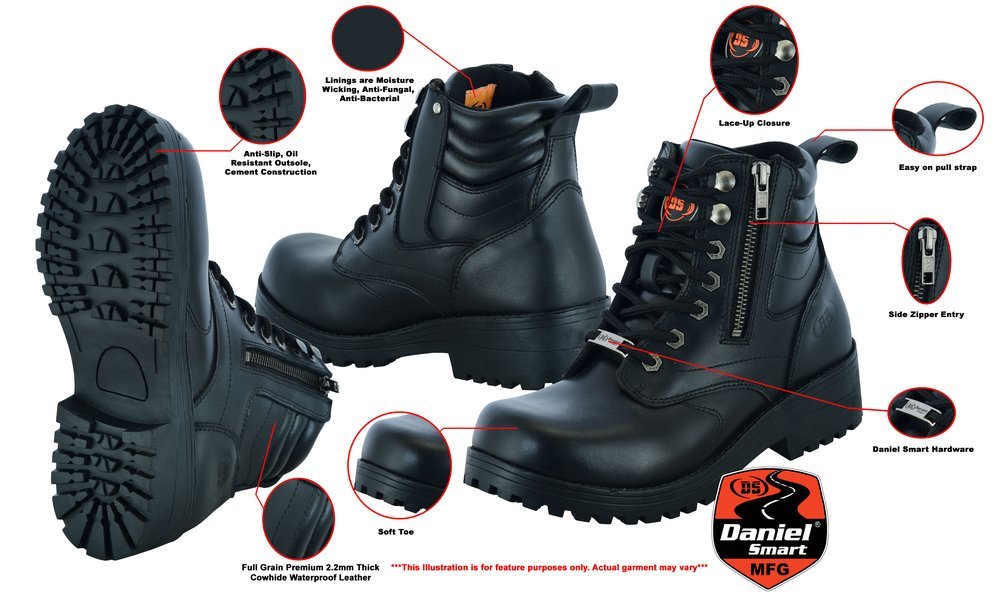 Leather Motorcycle Boots - Women's - Black - Side Zippers - DS9768-DS - Image 2