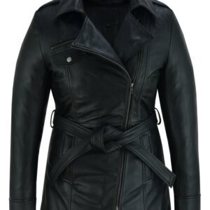 Leather Motorcycle Jacket - Women's -  Hip Length - Belt - ELAN-DS
