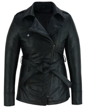 Leather Motorcycle Jacket - Women's -  Hip Length - Belt - ELAN-DS