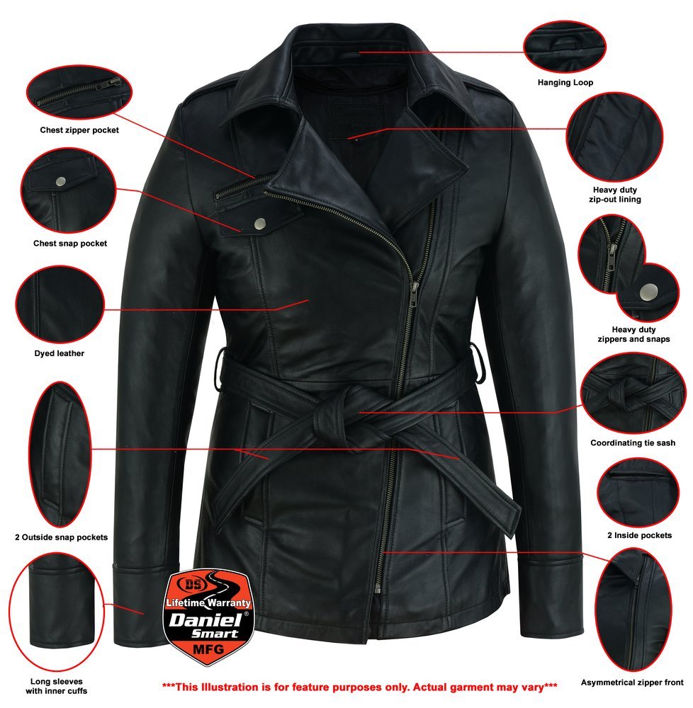Leather Motorcycle Jacket - Women's - Hip Length - Belt - ELAN-DS - Image 2