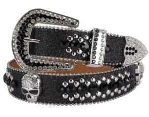 Unisex Rhinestone Bling Belt - Black and Silver - Skulls - Rhinestones - Faux Leather - FBL19-DL