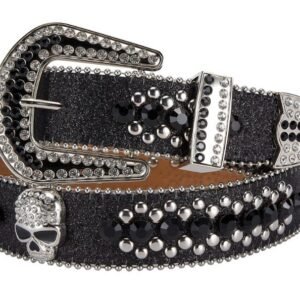 Unisex Rhinestone Bling Belt - Black and Silver - Skulls - Rhinestones - Faux Leather - FBL19-DL