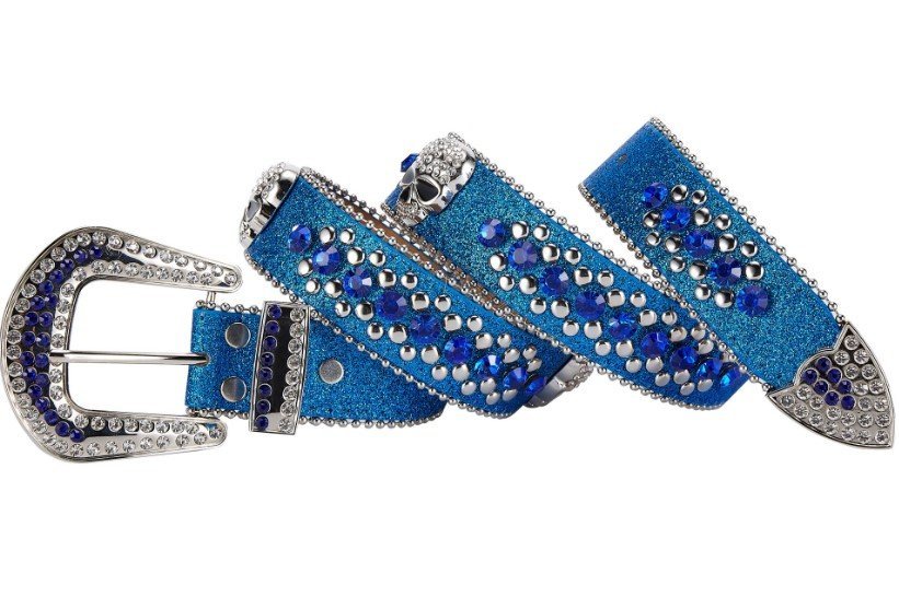 Unisex Rhinestone Bling Belt - Blue and Silver - Skulls - Rhinestones - Faux Leather - FBL21-DL - Image 2