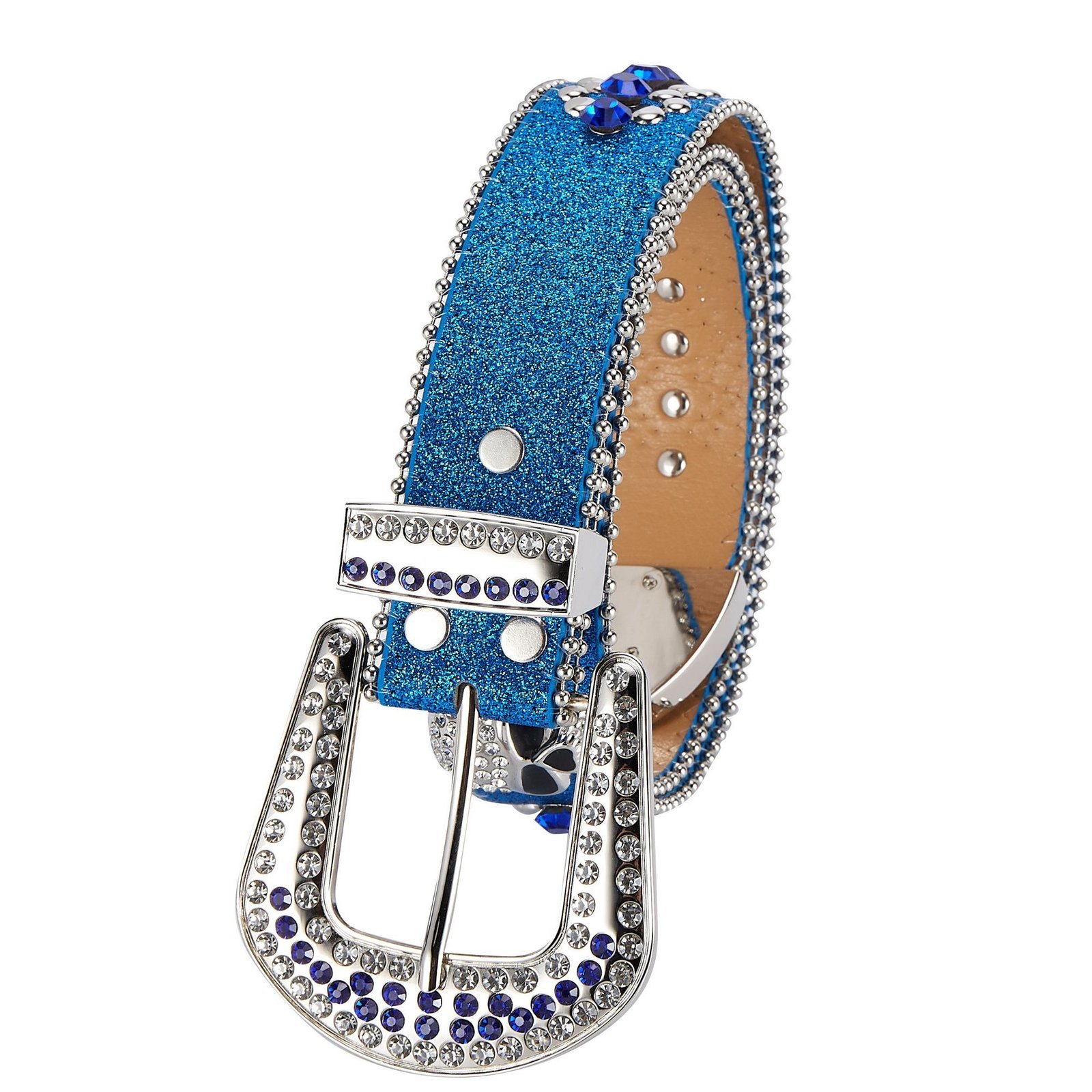Unisex Rhinestone Bling Belt - Blue and Silver - Skulls - Rhinestones - Faux Leather - FBL21-DL - Image 5