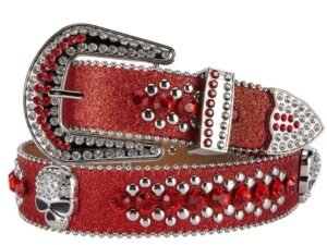 Unisex Rhinestone Bling Belt - Red and Silver - Skulls - Rhinestones - Faux Leather - FBL22-DL