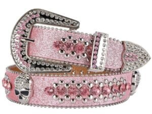 Unisex Rhinestone Bling Belt - Pink and Silver - Skulls - Rhinestones - Faux Leather - FBL23-DL