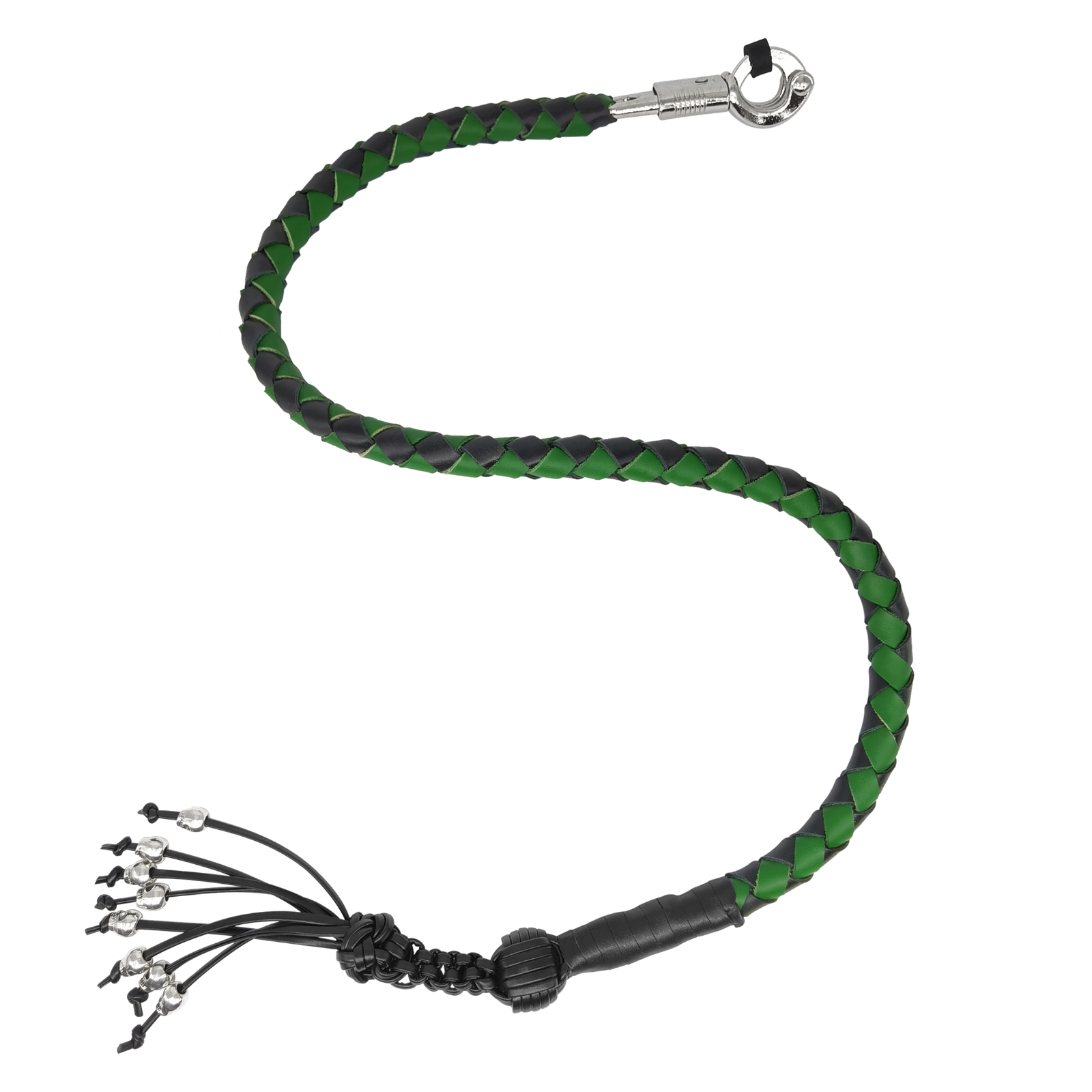 Get Back Whip - Black and Green Leather - 36 Inches - Monkey Fist and Skulls - Motorcycle Accessories - FGBW4-HS-DL - Image 2