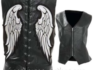 Diamond Plate Ladies Rock Design Genuine Leather Angel Wing Vest - SKU GFVLAW-BF