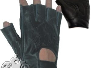 Leather Motorcycle Gloves - Fingerless - Black Flames - GL2015-DL