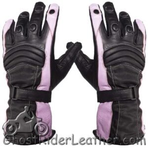 Ladies Leather Gauntlet Gloves in Pink and Black With Padded Knuckles - SKU GLZ60-PINK-DL
