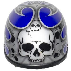 Novelty Motorcycle Helmet - Silver Skulls - Blue Flames - H401-D4-BLUE-1-DL