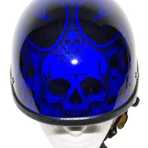 Novelty Motorcycle Helmet - Gloss Blue - Burning Skull - Shorty - H401-D4-BLUE-DL
