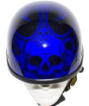 Novelty Motorcycle Helmet - Gloss Blue - Burning Skull - Shorty - H401-D4-BLUE-DL