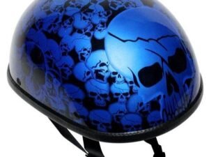 Novelty Motorcycle Helmet - Blue Skull Boneyard - Shorty - H6401-BLUE-DL