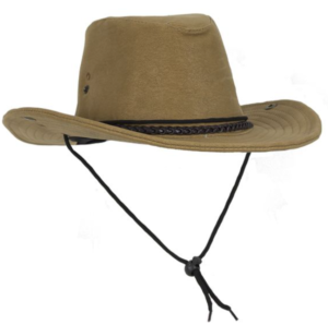 Brown cowboy hat.