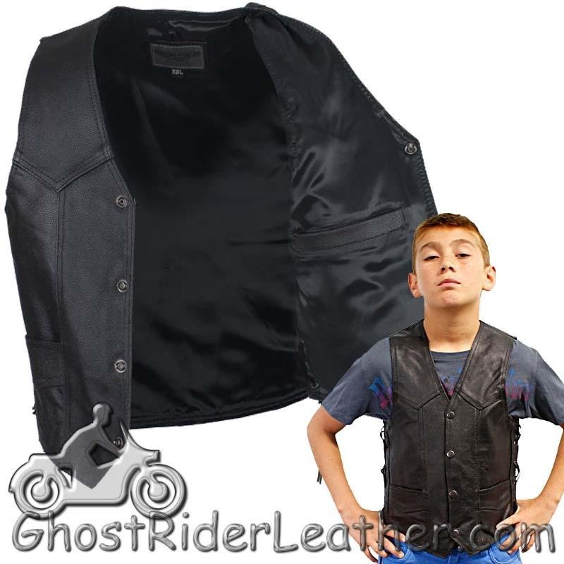 Leather Motorcycle Vest - Kid's - Children's - Side Laces - KD392-DL - Image 2