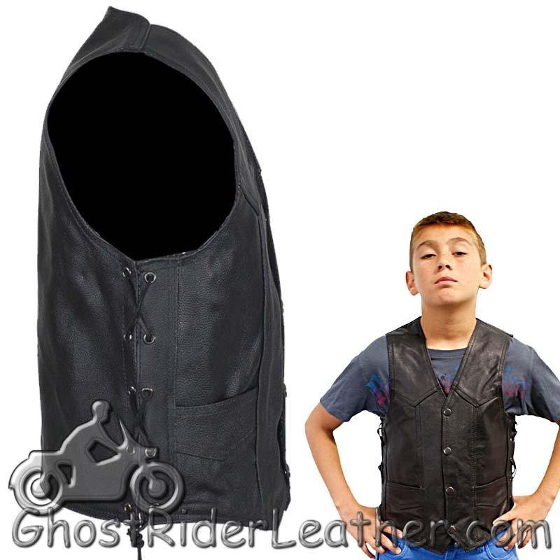 Leather Motorcycle Vest - Kid's - Children's - Side Laces - KD392-DL - Image 4