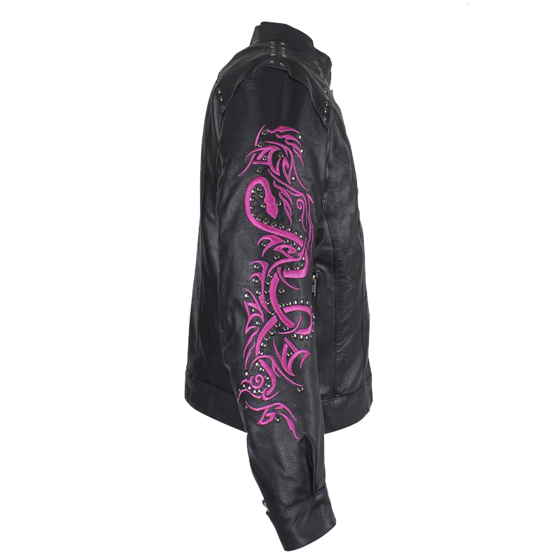 Ladies Racer Leather Jacket With Studs and Hot Pink Sleeve Design - SKU LJ7018-HOTPINK-11-DL - Image 3