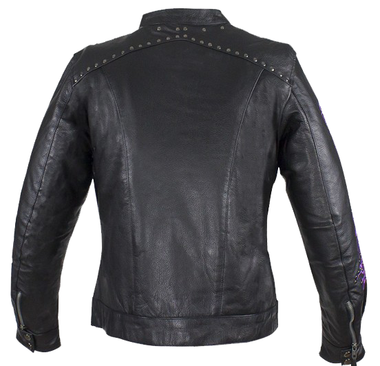 Ladies Racer Leather Jacket With Studs and Hot Pink Sleeve Design - SKU LJ7018-HOTPINK-11-DL - Image 2