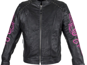 Ladies Racer Leather Jacket With Studs and Hot Pink Sleeve Design - SKU LJ7018-HOTPINK-11-DL