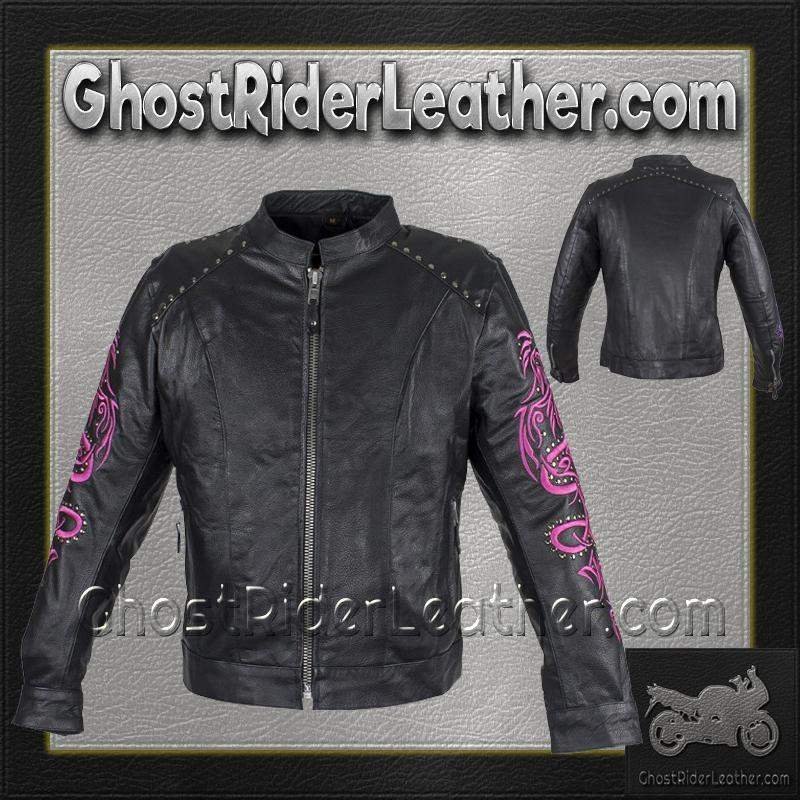 Ladies Racer Leather Jacket With Studs and Hot Pink Sleeve Design - SKU LJ7018-HOTPINK-11-DL - Image 5