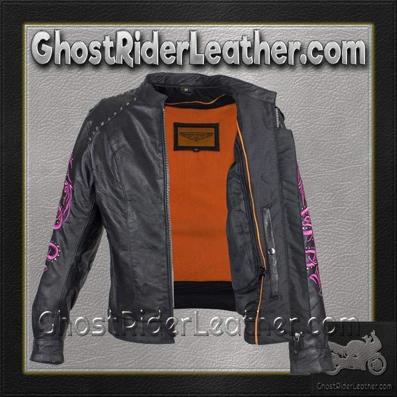 Ladies Racer Leather Jacket With Studs and Hot Pink Sleeve Design - SKU LJ7018-HOTPINK-11-DL - Image 6