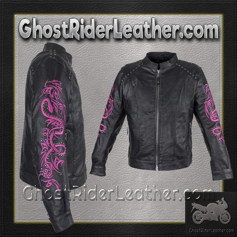 Ladies Racer Leather Jacket With Studs and Hot Pink Sleeve Design - SKU LJ7018-HOTPINK-11-DL - Image 4
