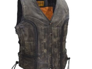 Leather Motorcycle Vest - Women's - Distressed Brown - Longer - LV221-12-LONG-DL