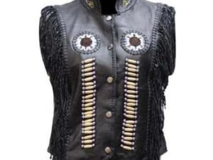 Women's Black Leather Western Style Beadwork and Bones Vest - SKU LV428-DL