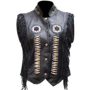 Women's Black Leather Western Style Beadwork and Bones Vest - SKU LV428-DL