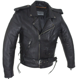 Leather Motorcycle Police Style Jacket with Side Laces and Vents - Up To Size 72 - SKU MJ201-SS-DL