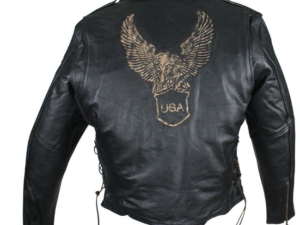 Embossed Retro Black Eagle Motorcycle Jacket with Side Laces and Live To Ride - SKU MJ703-01-NLR-DL