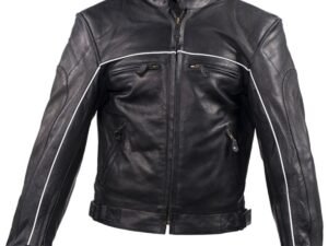 Leather Motorcycle Jacket - Men's - Black - Reflective Piping - MJ780-BLK-DL