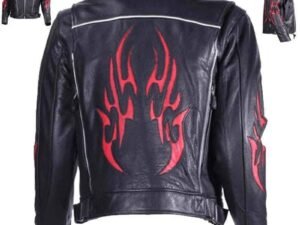 Leather Racer Jacket - Men's - Red Flames and Reflective Piping - MJ782-DL